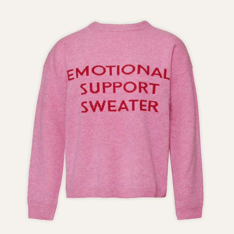 Pink wool sweater with "Emotional Support Sweater" stitched across the front