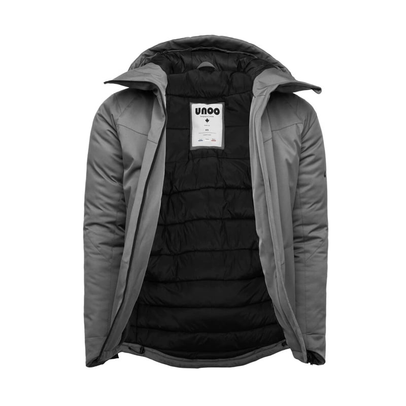 Unoo's grey heated jacket with black lining 