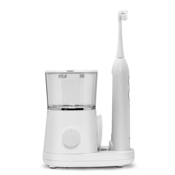 A white electric toothbrush next to a clear plastic water flosser 