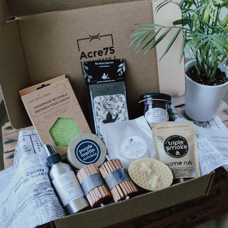 A photo of a subscription box featuring a section of made-in-Canada goods 