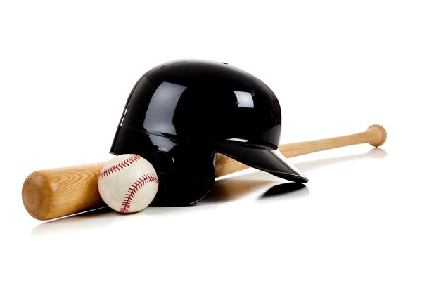 A photo of a baseball helmet, bat and ball