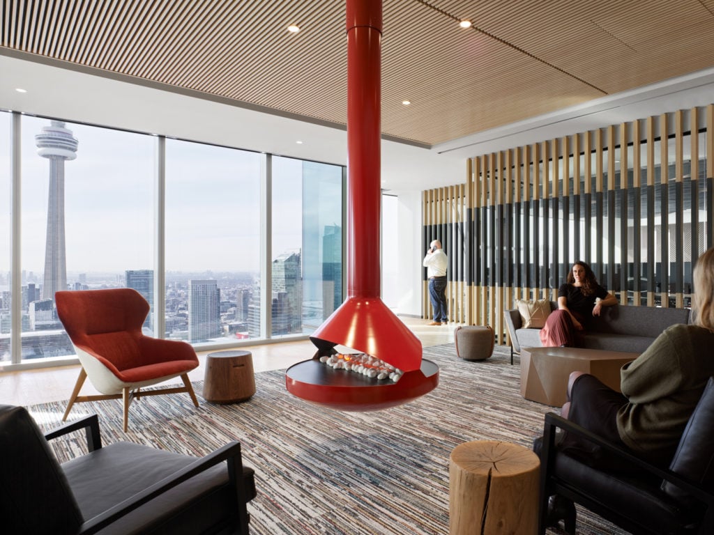 A fireplace sits in the middle of Microsoft Canada's headquarters 