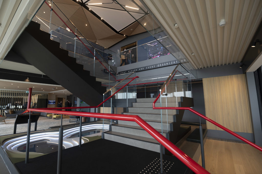 A big staircase that leads to the second floor of Microsoft Canada's headquarters 