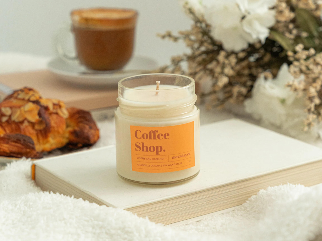 A coffee shop scented soy candle by Moonday
